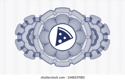 Blue passport style rosette with pizza slice icon inside