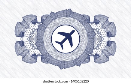 Blue passport style rosette with plane icon inside