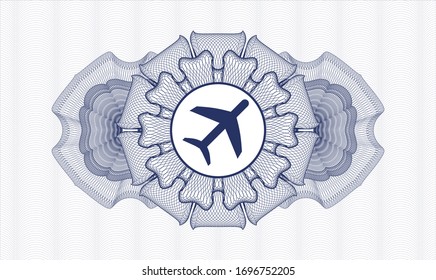 Blue passport style rosette with plane icon inside