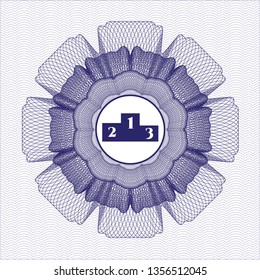 Blue passport style rosette with podium icon inside