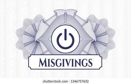 Blue passport style rosette with power icon and Misgivings text inside