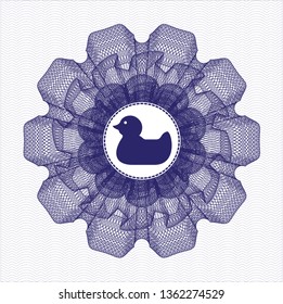 Blue passport style rosette with rubber duck icon inside