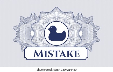 Blue passport style rosette with rubber duck icon and Mistake text inside