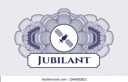Blue passport style rosette with satelite icon and Jubilant text inside