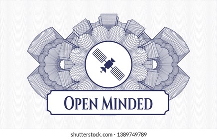 Blue passport style rosette with satelite icon and Open Minded text inside
