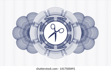 Blue passport style rosette with scissors icon inside