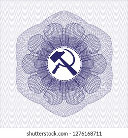 Blue passport style rosette with sickle and hammer icon inside