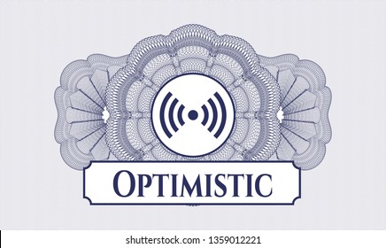 Blue passport style rosette with signal icon and Optimistic text inside