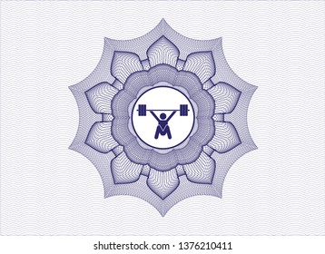 Blue passport style rosette with snatch, weightlifting icon inside
