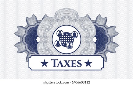 Blue passport style rosette with social network icon and Taxes text inside