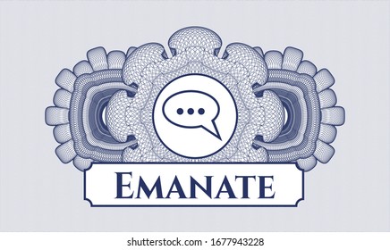 Rosette im Stil eines blauen Passes mit einem Sprechblasen-Symbol und Emanate-Text im Inneren