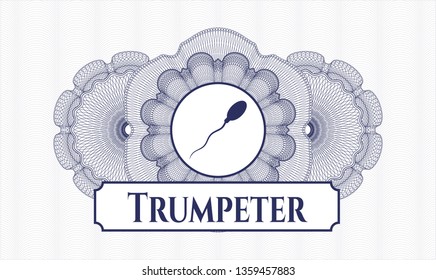 Blue passport style rosette with sperm icon and Trumpeter text inside