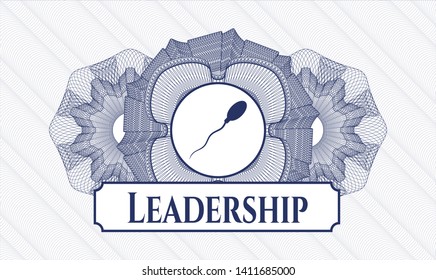 Blue passport style rosette with sperm icon and Leadership text inside