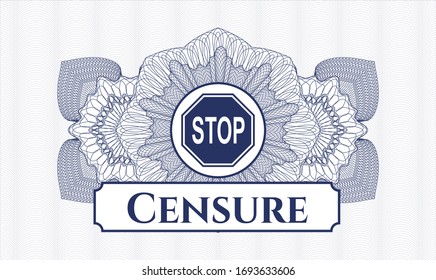 Blue passport style rosette with stop icon and Censure text inside