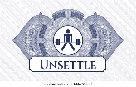Blue passport style rosette with sumo deadlift icon and Unsettle text inside