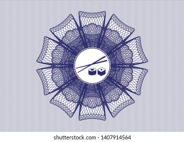 Blue passport style rosette with sushi icon inside