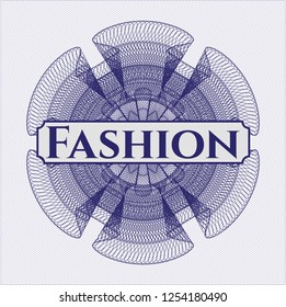 Blue passport style rosette with text Fashion inside