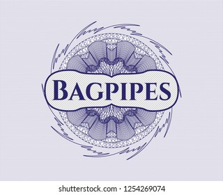 Blue passport style rosette with text Bagpipes inside