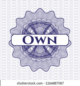 Blue passport style rosette with text Own inside