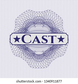 Blue passport style rosette with text Cast inside