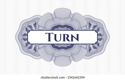 Blue passport style rosette with text Turn inside