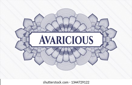 Blue passport style rosette with text Avaricious inside
