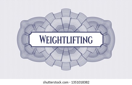 Blue passport style rosette with text Weightlifting inside