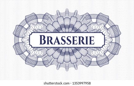 Blue passport style rosette with text Brasserie inside