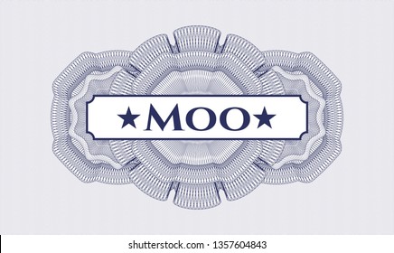 Blue passport style rosette with text Moo inside