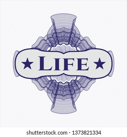 Blue passport style rosette with text Life inside