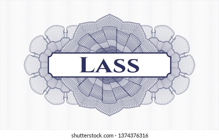 Blue passport style rosette with text Lass  inside