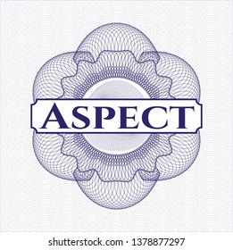 Blue passport style rosette with text Aspect inside