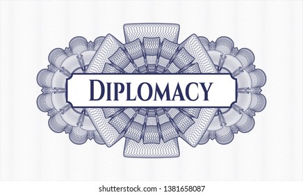 Blue passport style rosette with text Diplomacy inside
