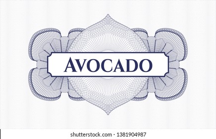 Blue passport style rosette with text Avocado inside