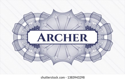 Blue passport style rosette with text Archer inside
