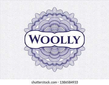 Blue passport style rosette with text Woolly inside