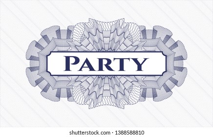 Blue passport style rosette with text Party inside