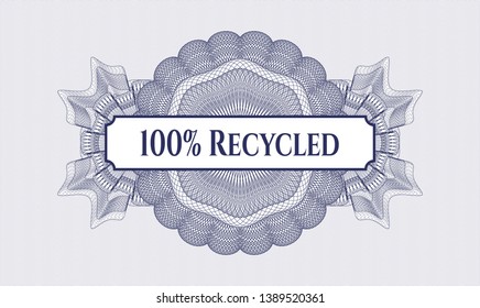 Blue passport style rosette with text 100% Recycled inside