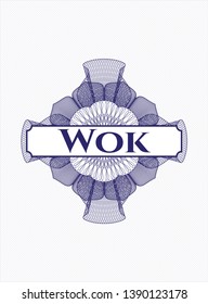 Blue passport style rosette with text Wok inside