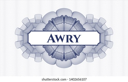 Blue passport style rosette with text Awry inside