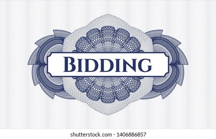 Blue passport style rosette with text Bidding inside