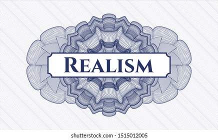 Blue passport style rosette with text Realism inside