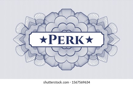 Blue passport style rosette with text Perk inside
