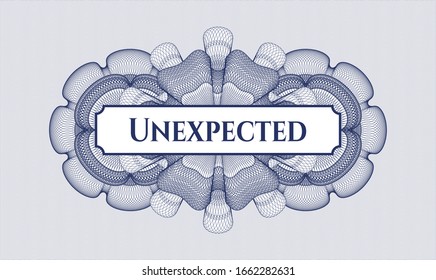 Blue passport style rosette with text Unexpected inside