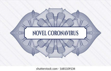 Blue passport style rosette with text Novel Coronavirus inside