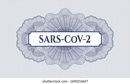 Rosette estilo pasaporte azul con texto SARS-CoV-2 dentro
