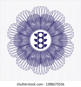 Blue passport style rosette with traffic light icon inside