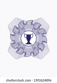 Blue passport style rosette with trophy icon inside