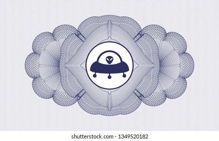 Blue passport style rosette with ufo with aline inside icon inside