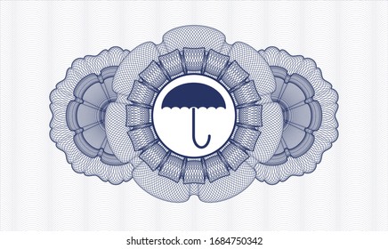 Blue passport style rosette with umbrella icon inside